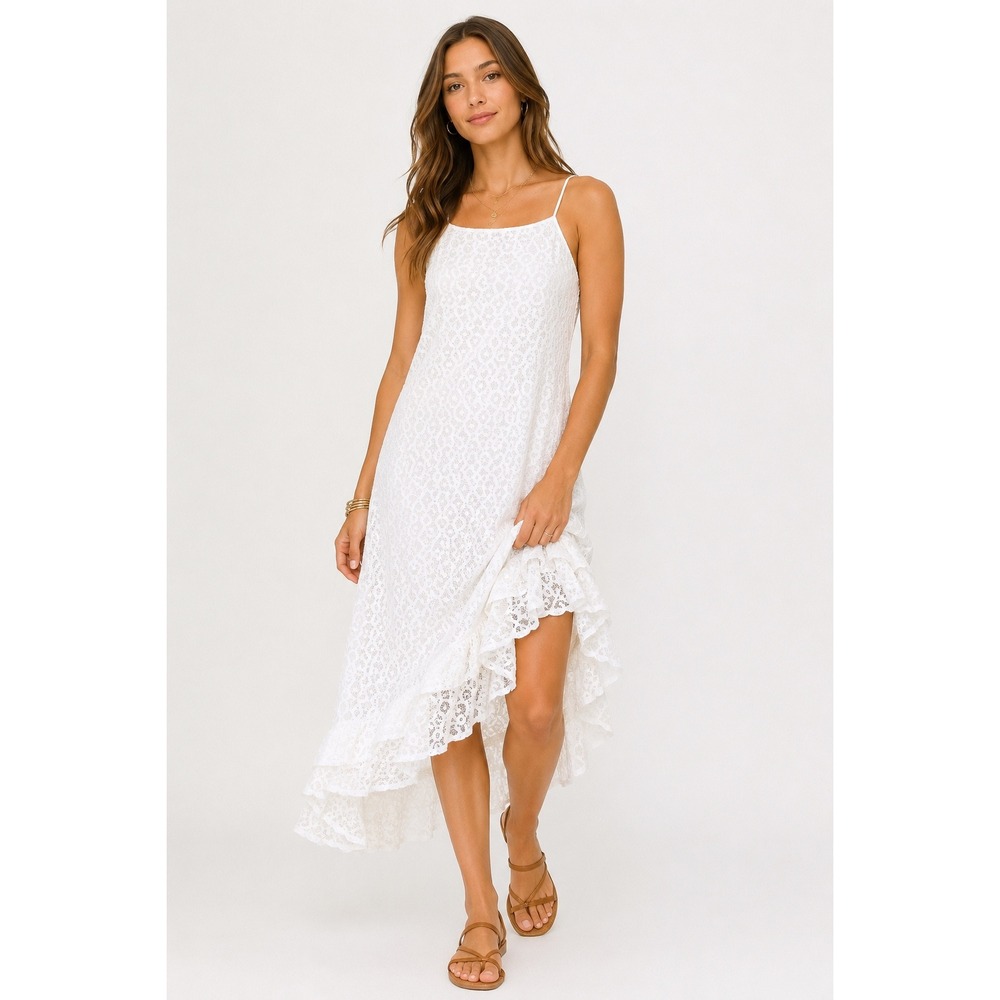 Anthropologie White Crochet Lace Ruffle High Low Midi Dress M Boho Sundress‎